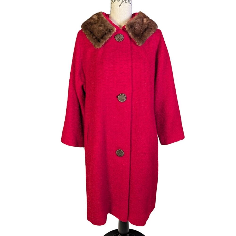 Vintage 1950s 60s Red Boucle Wool Coat Fur Collar Union Made